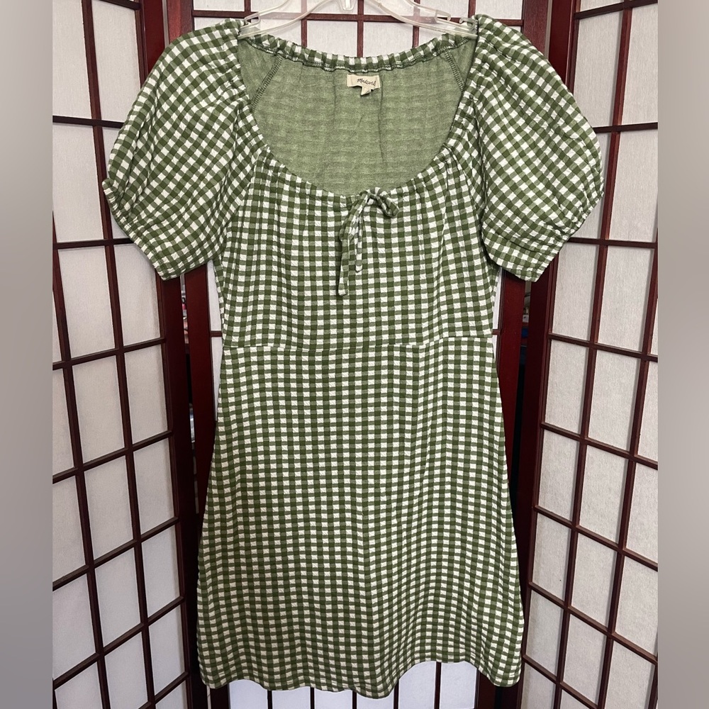 Jacquard Puff-Sleeve Mini Dress in Gingham Check
